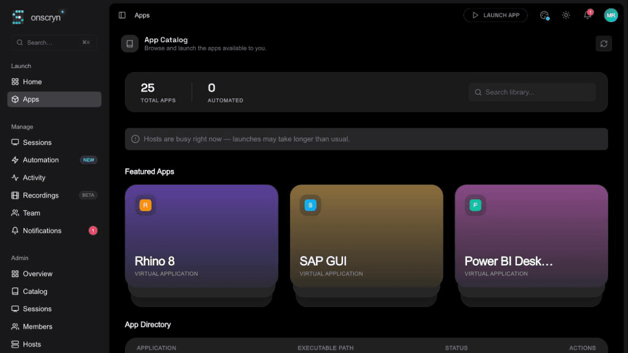 Windows apps launched from the Onscryn catalog