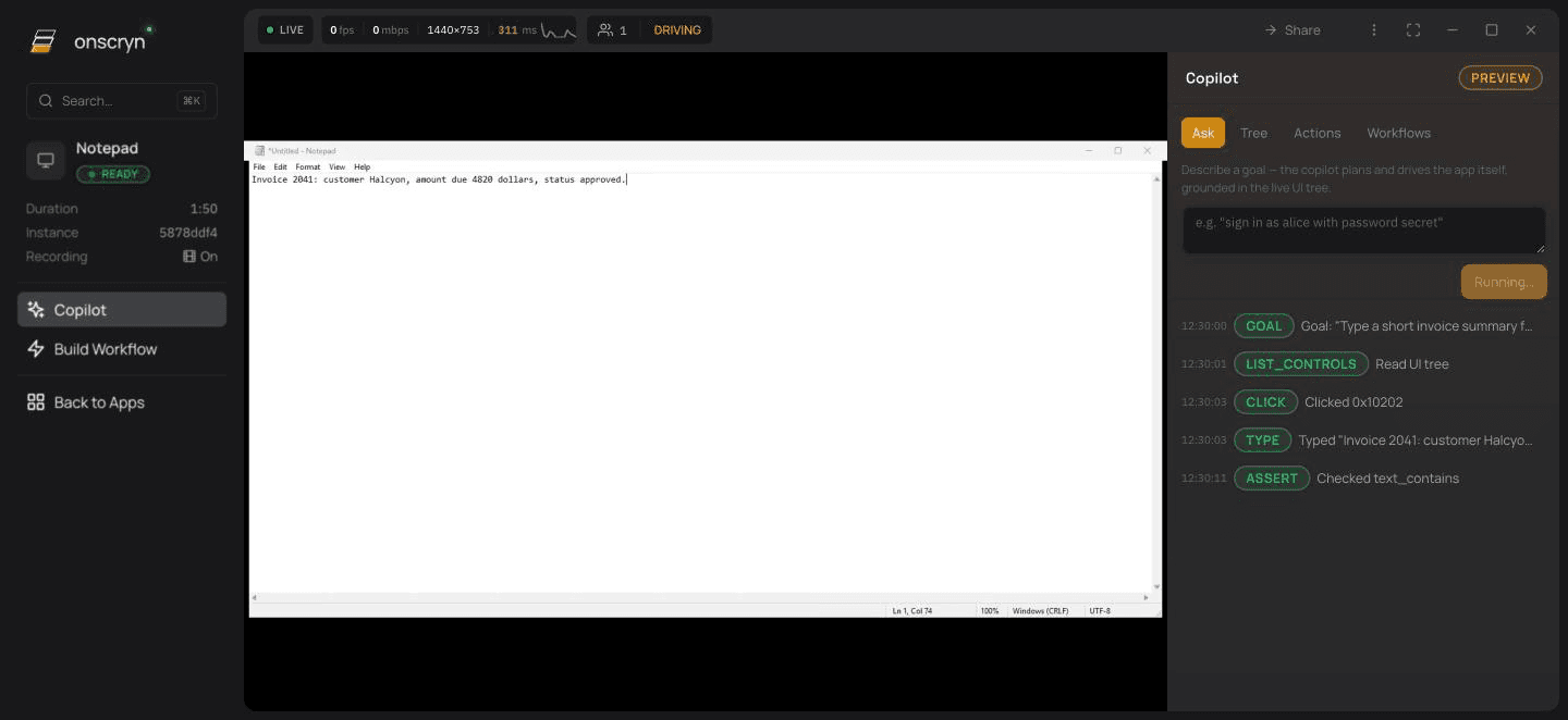 The Onscryn Copilot driving a Windows app